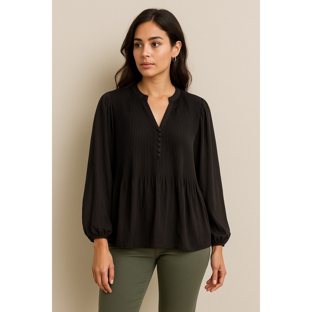 Cortefiel Black‎ Pleated Chiffon Blouse XL Sheer Sleeve Flowy Tunic Top